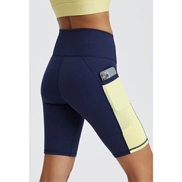 Fabletics Powerhold High Waisted Shorts Navy Blue Yellow Size Small - Picture 10 of 10